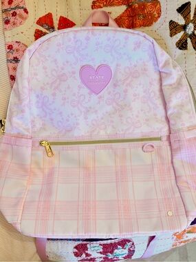 STATE Pink Plaid & Bow Heart Patch Kids Backpack